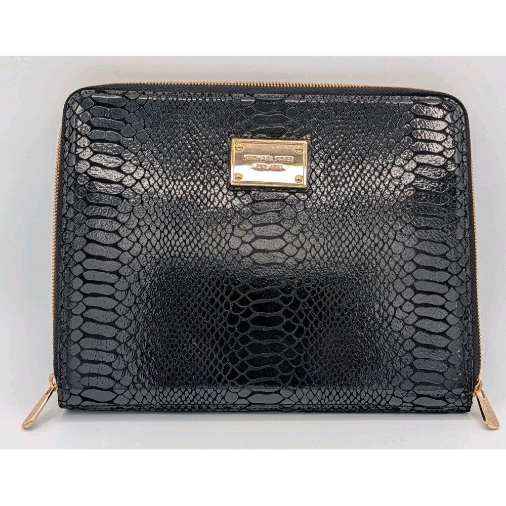Michael Kors Black Python Embossed Zip Around iPad Folio Case Gold Hardware MK
